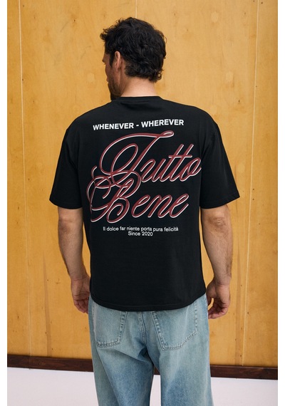 Grimelange Capıso Erkek %100 Organik Pamuklu Baskı Detaylı Regular Fit Yuvarlak Yaka Siyah T-shirt