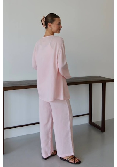 Balenbi Kadın Çift Bağlamalı Müslin Kumaş Kimono 1101 Pembe
