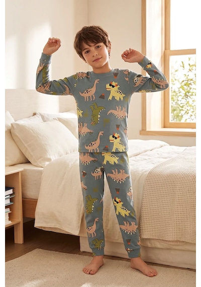 Zuzunga Dinozor Desenli Erkek Çocuk Pijama Takımı Gri