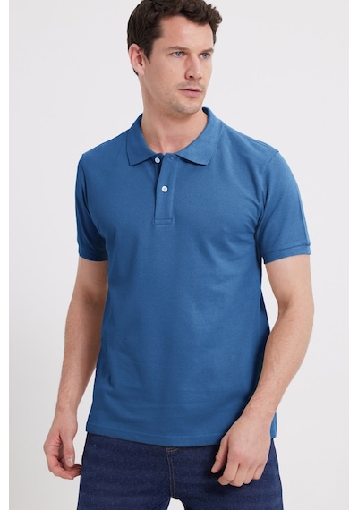 Tudors Erkek Slim Fit Dar Kesim %100 Pamuk Kısa Kollu Polo Yaka Mavi Tişört-50256