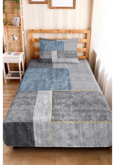 Mavi Gri Geometrik Genç Odası Tek Kişilik Pike Takımı-modern Çizgili 160x220cm Kapitone Yatak Örtüsü Masalsı Patika Tadı