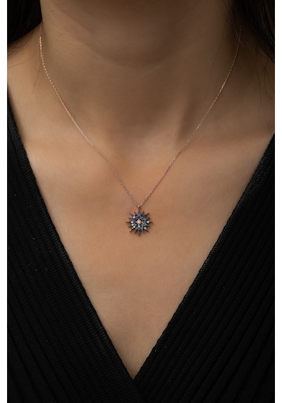 Renkli Taşlı Güneş Kolye, Rodyum Kalemli Rose Gold Kaplama 925 Ayar Gümüş