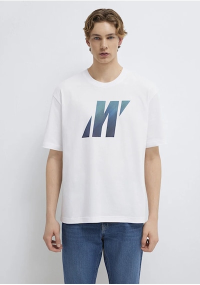 Mavi M0613448-620 Mavi Pro Baskılı Erkek Tişort beyaz