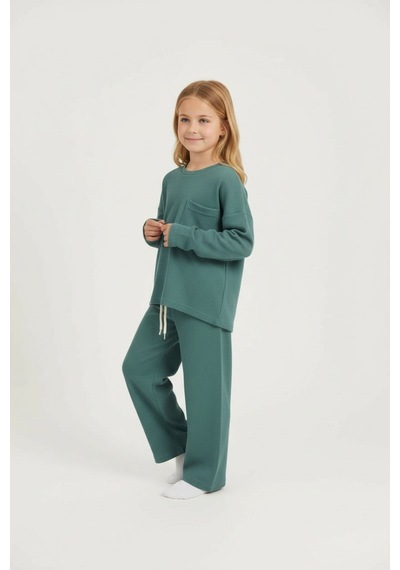 Aden Kids %100 Pamuk Çocuk Oversize Alt Üst Takım - Unisex Rahat Kalıp Yeşil