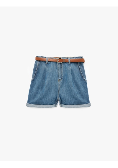 Koton Rahat Kalıp Duble Paça Cepli Kemerli Mini Jean Şort Orta İndigo 6sal40304md
