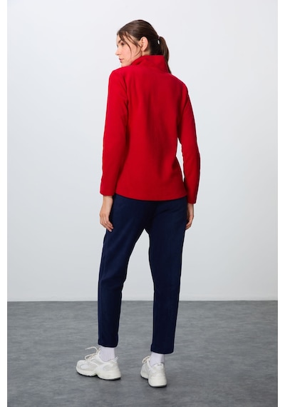 Tommy Life Kırmızı-lacivert Kalın Yumuşak Dokulu Dik Yaka Oversize Nakışlı Polar Kadın Eşofman Takım -95339 Kırmızı - Lacivert