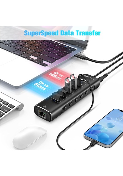 Apple Uyumlu MacBook 7 İn 1 Type C Hub 24w Güç Gigabit Ethernet Girişli 10 Gbps Usb 3.2, 5gbps Usb 3.0 Bağlantı