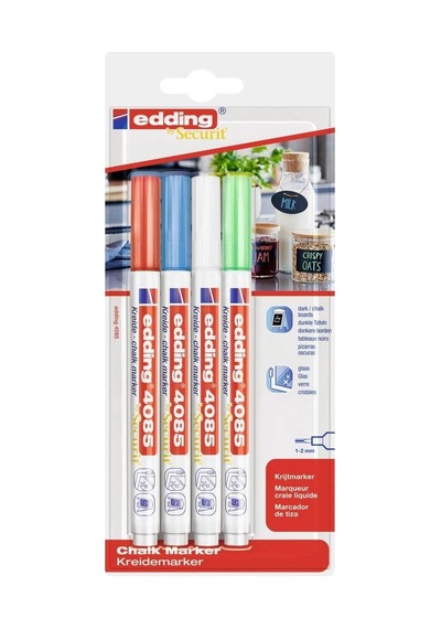 Edding 4085 Tebeşir Kalemi - Kırmızı, Beyaz, Mavi, Yeşil Temel - 4 Tebeşir Kalemi - 1-2 Mm Yuvarlak Uçlu