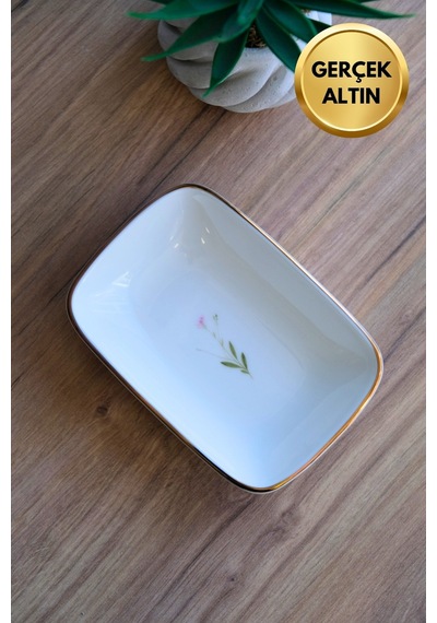 Tabak Evi Porselen Natura Çuha Altın Yaldızlı Dikdörtgen Kayık Tabak 14x9,8cm Tekli Çok Renkli