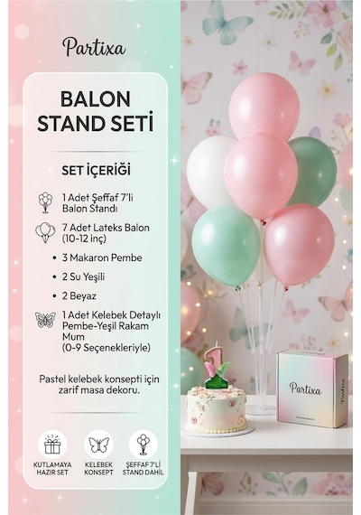 Peri Bahçesi Konseptli Kelebek Rakamlı Pasta Mumu & Balon Stand Seti - Pembe Yeşil Doğum Günü Süsleme Tüm Yaşlar