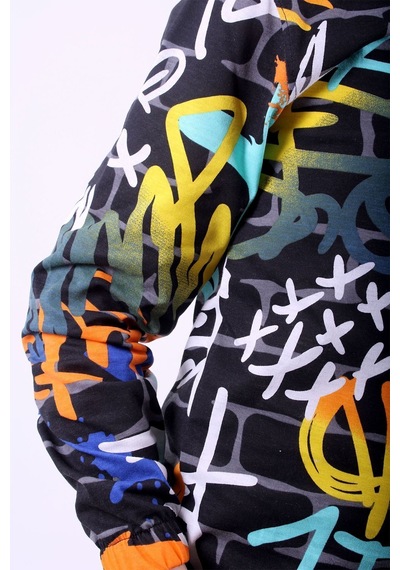 Fyk Kids Kapüşonlu Desenli Unisex Sweatshirt 2 İplik Siyah