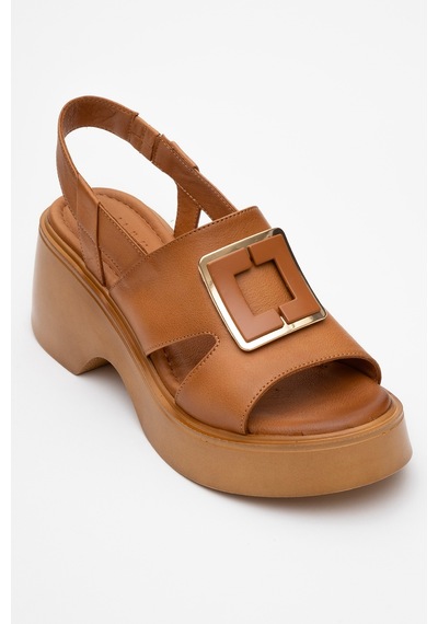 Luvishoes Lucıa Taba Tokalı Hakiki Deri Kadın Dolgu Topuklu Sandalet Taba