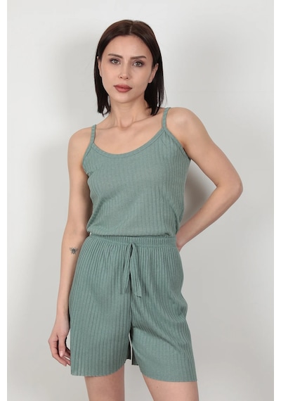 Giysa Çağla İp Askılı Şortlu Kaşkorse Kadın Pijama Takımı Pamuk Karışımlı Kumaş - 6015 Çağla