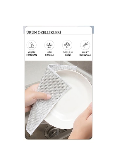 Mainshop 5 Adet Tel Bulaşık Bezi Çizmez Bulaşık Teli Çelik Bez 20x20 Cm Çift Katmanlı M-602 Gri