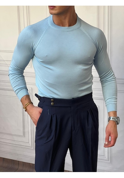 Modefendi Slimfit Kalıp Pamuklu Triko Yarım Balıkçı Triko Kazak Buz Mavi