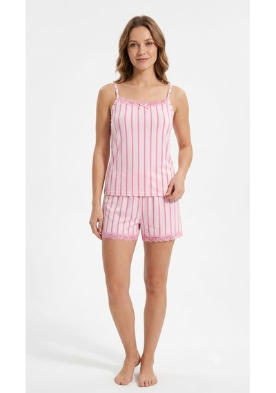 Suısy Pink Stripe Pembe Çizgili Dantelli Şortlu Pijama Takımı