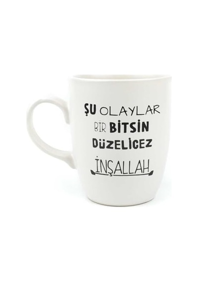 Şu Olaylar Bir Bitsin Düzelicez İnşallah Krem Oval Kupa - Hediye Seramik Kupa Açık Ahşap