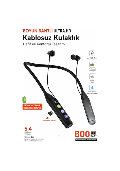Exenar - Siyah - Boyun Bantlı Ultra Hd Bluetooth Kablosuz Kulaklık Type-c Dijital Ekran Tf Kart 2800 Mah 600 Saat