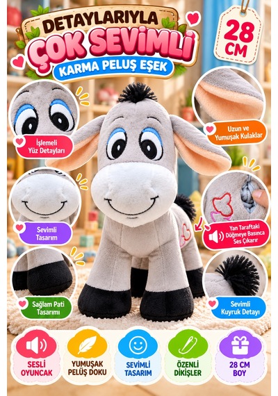 Karma Peluş Eşek Sesli Oyuncak 28 Cm Yumuşak Dolgulu Sevimli Çocuk Oyun Arkadaşı Peluş Oyuncak Model Gri