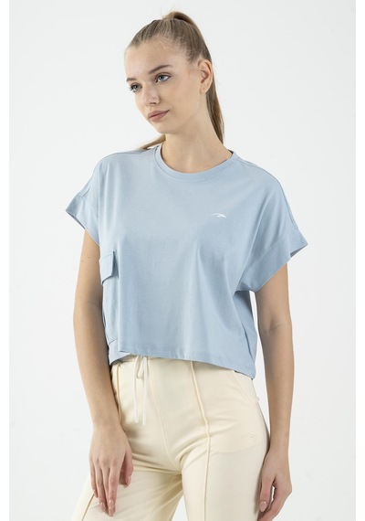 Maraton Sportswear Comfort Kadın Bisiklet Yaka Kısa Kol Basic Sisli Mavi Crop Top 20856 Mavi