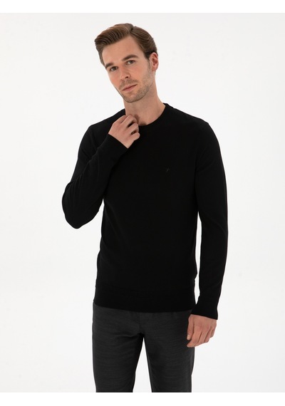 Cacharel Siyah Slim Fit Yün Karışımlı Bisiklet Yaka Triko Kazak