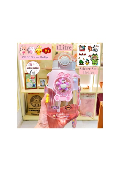 Ayıcık Su Matarası Ayıcıklı Suluk Figürlü Su Şişesi Ayıcık Matara 1000ml Pembe
