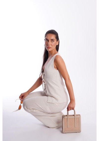 Madmext Natural Önü Bağlamalı Yelek Pantolon Kadın Takım Mg2403
