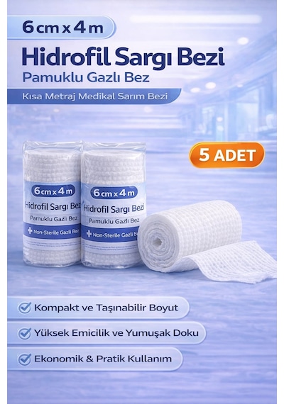 6 Cm X 4 M Hidrofil Sargı Bezi Pamuklu Gazlı Bez Kısa Metraj Medikal Sarım Bezi 5 Adet