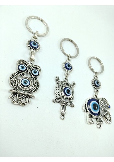 Üçlü Metal Nazar Boncuklu Baykuş/ Kaplumbağa / Fil Anahtarlık Set