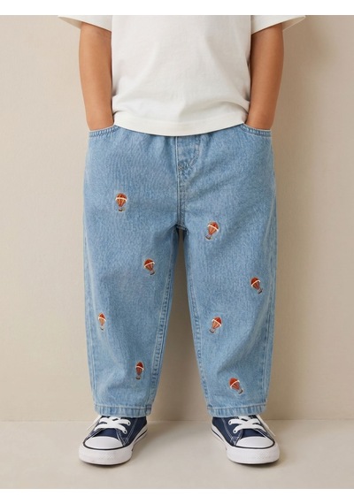Magu Unisex Çocuk Pamuklu Balon Nakışlı Oversize Kot Pantolon Mavi