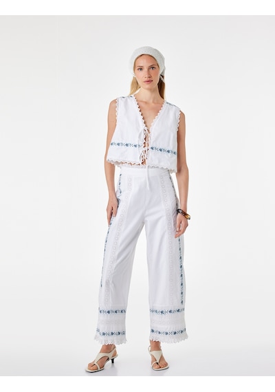 Koton Pamuklu Etnik Motif Detaylı Nakışlı Dantelli Düz Bol Paça Pantolon Mavi Desenli 6sak40195uw Koton Pamuklu Etnik Motif Detaylı Nakışlı Dantelli Düz Bol Paça Pantolon Mavi Desenli 6sak40195uw