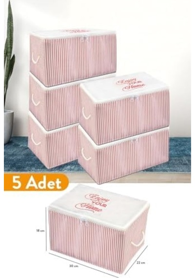 5 Adet - Mini Boy Baskı Detaylı Pembe Çizgili Hurç 30 X 22 X 18 Cm