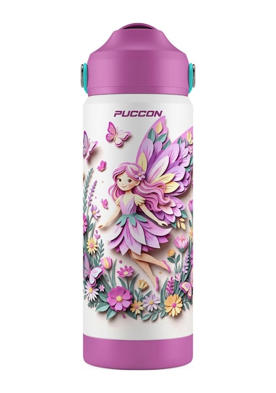 Puccon 540 Ml Sevimli Peri Kız Baskılı Mor Kız Çocuk Pipetli Çelik Termos Matara/suluk - 60059