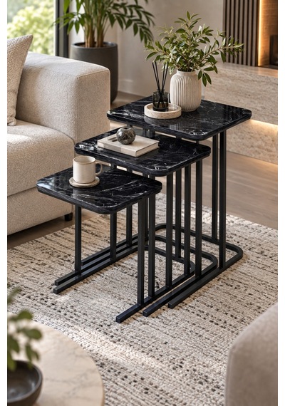 Sulorahome 3'lü Zigon Sehpa Seti Siyah Mermer Desenli Metal Ayaklı