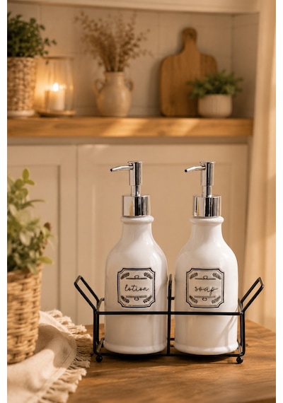 Porsima 3115 Gümüş Kapaklı Porselen 2li Sıvı Sabunluk Beyaz 700 Ml Beyaz