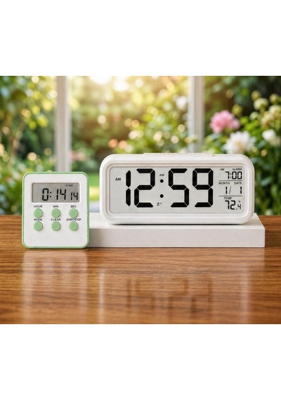 Led Ekranlı Dijital Masa Saati & 2 Alarm Kademeli Kronometre Seti Alarm, Tarih, Sıcaklık Göstergeli Modern Masa Saat Seti Haki Kronometre Diğer