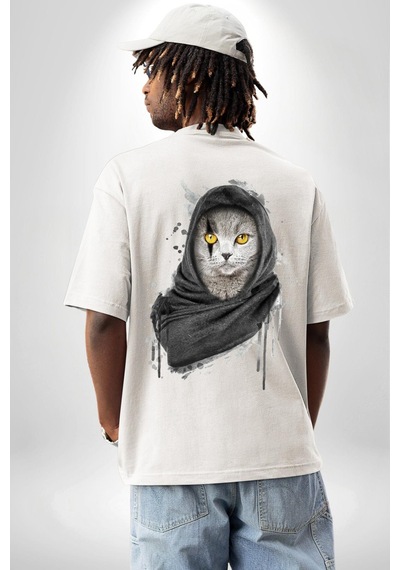 Safari Kedi Şal Eşarp Beyaz Oversize Unisex Ön Ve Sırt Baskılı Tişört Beyaz