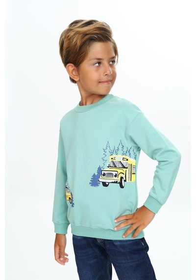 Toontoy Kids Toontoy Erkek Çocuk Relax Fit Bisiklet Yaka Hafif Düşük Omuz Baskılı Sweatshirt - 2 İplik Yeşil