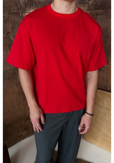 Hyman Erkek %100 Pamuk Oversize Basic T-shirt Kırmızı