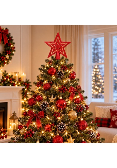 Yılbaşı Çam Ağacı Tepeliği 15 Cm - İç İçe Yıldız Tasarımlı Parlak Kırmızı Ağaç Tepe Süsü - 9099968027335 Diğer