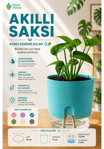 Akıllı Saksı Kendini Sulayan Saksı Otomatik Sulama Sistemli Su Hazneli Dekoratif Saksı 2 Litre