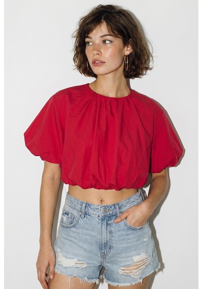 Kadın Bisiklet Yaka Poplin Balon Bluz Db261004 60286231 - Kırmızı