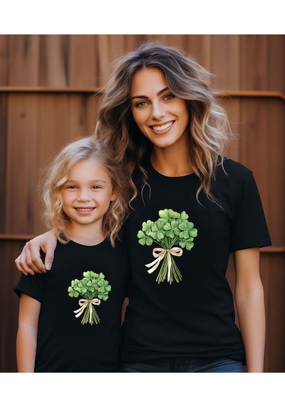 Aselinda Yonca Baskılı Anne Kız T-shirt -kombin Tekli Üründür Kombin Yapmak Için 2 Adet Sepete Ekleyiniz Siyah