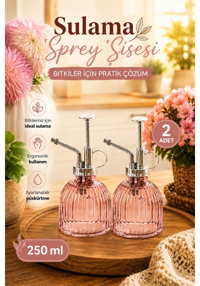 Porsima 15731 2'li Cam Sprey Şişe Seti 250 Ml Pembe Cam Çiçek Bitki Sulama Püskürtücü & Sprey Yağdanlık