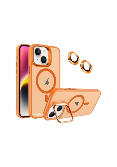 İphone 16 Plus Uyumlu Kılıf Açılır Kamera Stand Magsafeli Mat Renkli Şeffaf + Lens Koruyucu Set Turuncu