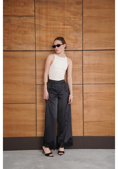 Verymoda Puantiyeli Paçası Dantelli Saten Pantolon D2970 Siyah