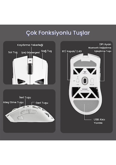 Aula Sc620 Paw3311 Sensör 12000 Dpı 1000hz Kablolu Ve Kablosuz Gaming Oyuncu Mouse Beyaz Sc620