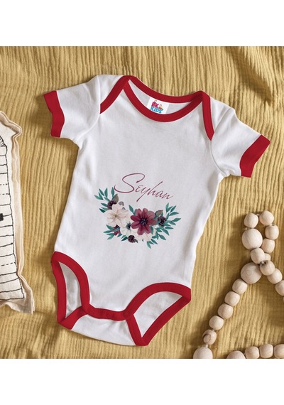 Bk Gift Bk Kids Kişiye Özel Çiçek Tasarımlı Kırmızı Bebek Body Zıbın-25 Çok Renkli