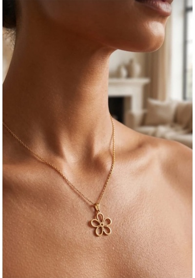 Lunarie Çizgisel Çiçek Figürlü Kolye 14k Gold Kararmaz Çelik Altın