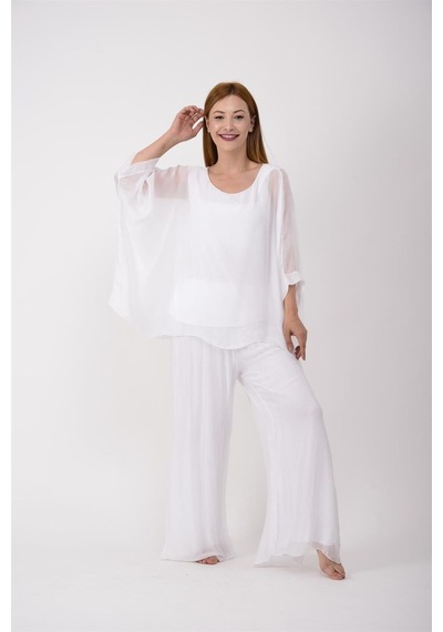 Bohem Stil İtalyan Yarasa Kol İpek Bluz & Pantolon Takım-8767 Beyaz